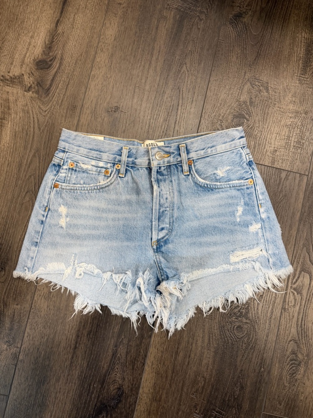 Agolde Light Blue Distressed High-Rise Denim Shorts